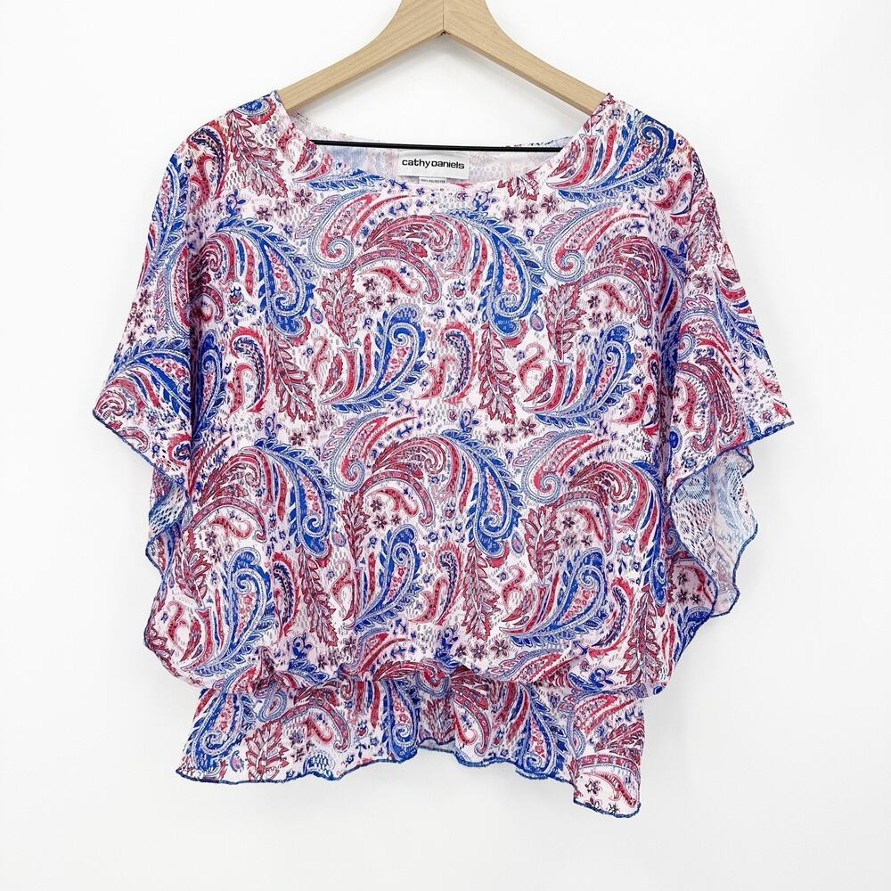Cathy Daniels Blouse L Womens Paisley Patriotic Lace Boho Cottagecore Resortwear